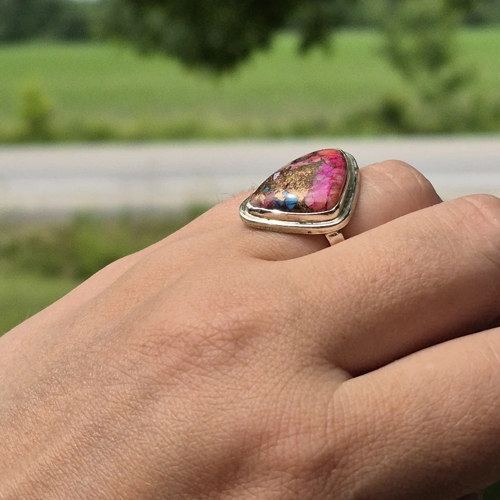 925 Silver Pink Cotton Candy Cooper Turqouis Artisanal Handmade Ring - Picture 6 of 11
